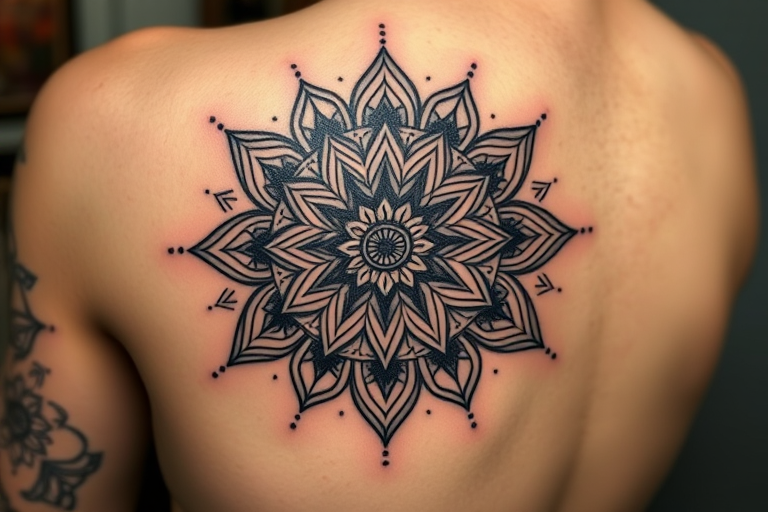 Geometric blackwork tattoo called "Sacred Symmetry" combining intricate mandala patterns with sharp angles and dotwork shading to create a three-dimensional optical illusion effect on the skin
