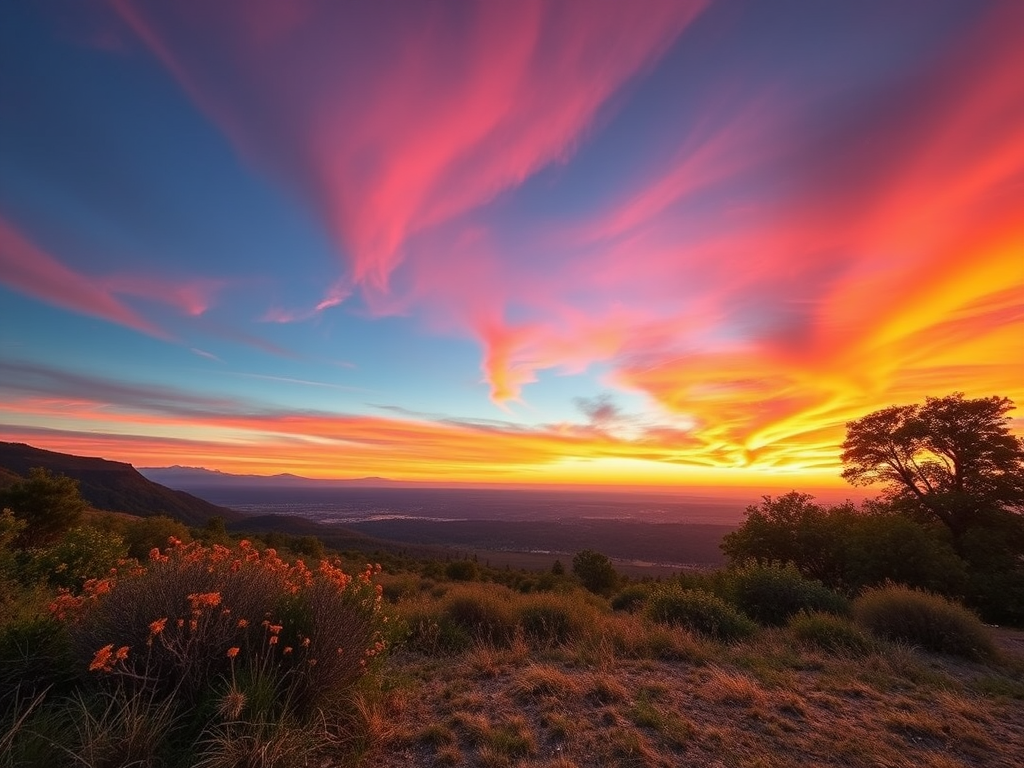 Generate a high-resolution image of a serene landscape at sunrise with vivid colors, using a DSLR camera with a 24mm lens, aperture set to f/8, ISO 100, and a shutter speed of 1/125 sec, shot from a wide-angle view to capture the expansive scenery.