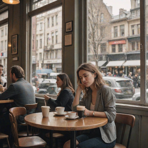Crowded cafe in a bustling city, the sound of chatter and clinking cups filling the air, as a woman sits at a small table by the window, lost in thought.