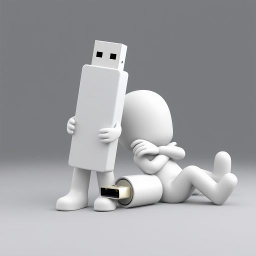 Create a high-resolution 3D render of two cartoon-like white figures, one resembling a USB drive and the other lying down with arms crossed, using a DSLR camera with a focal length of 50mm, aperture set to f/2.8 for a shallow depth of field, and a softbox light source for even illumination.