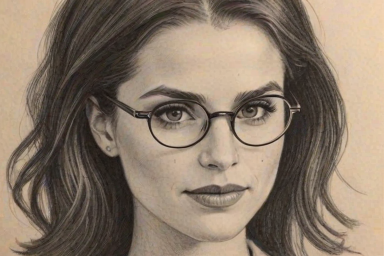 Fetching Meghan Ory, pencil sketch, portrait of Splendid woman 1926s in glasses, hair style beatnik, outline, clear lines, fine lines, 8k