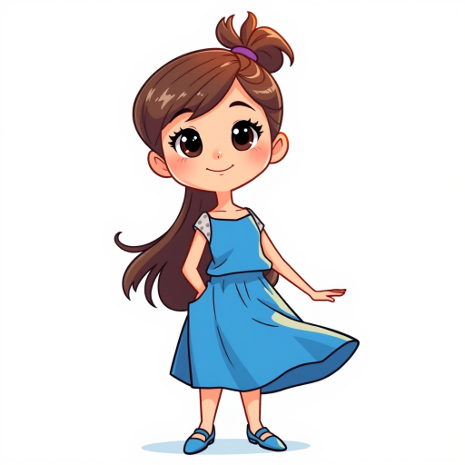 Create a high-resolution digital illustration of a cartoon girl in a stylish blue outfit, featuring a flowing skirt and playful hairstyle, set against a light blue background, using a Canon EOS 5D Mark IV camera with a 50mm f/1.8 lens, aperture set to f/2.8, ISO 100, and a shallow depth of field for enhanced detail and color vibrancy.