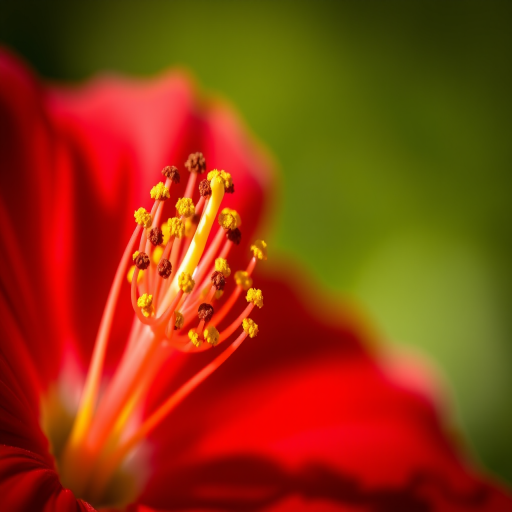 macro shot of a vibrant red flower with detailed yellow stamens, f/2.8 aperture, ISO 100, 50mm lens, natural light, shallow depth of field, DSLR camera