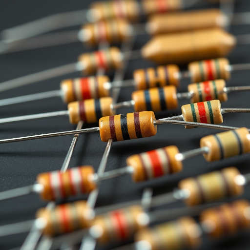 Create a high-resolution illustration of various types of resistors arranged in a line, using a macro lens with a shallow depth of field, f-stop at 2.8, ISO 100, 50mm focal length, and soft diffused lighting to enhance colors and details.