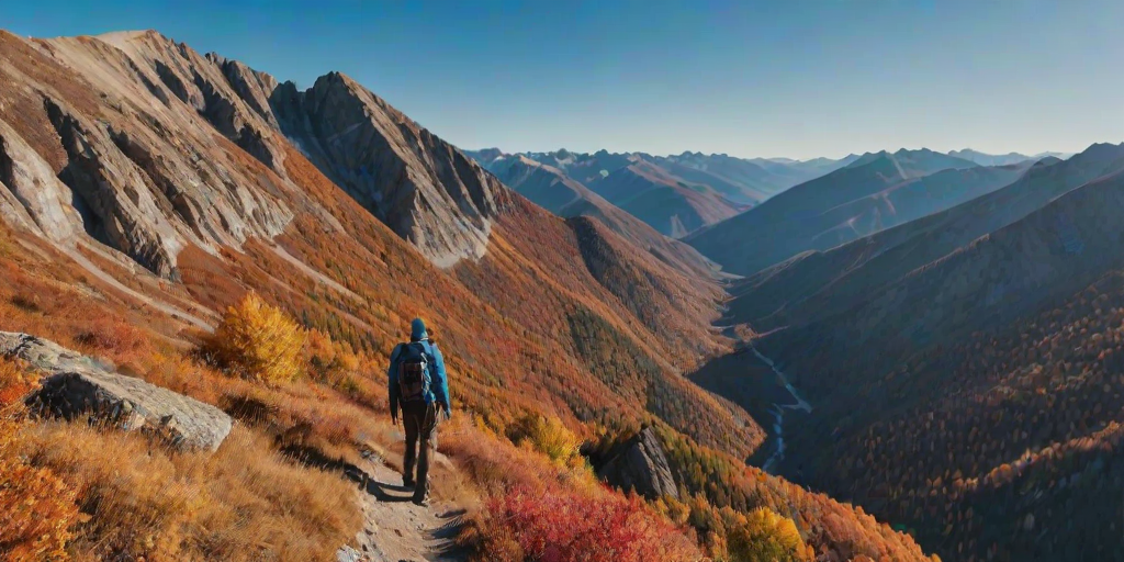 Dramatic mountain range during autumn, with colorful foliage and a clear blue sky, a hiker pausing to take in the breathtaking view.