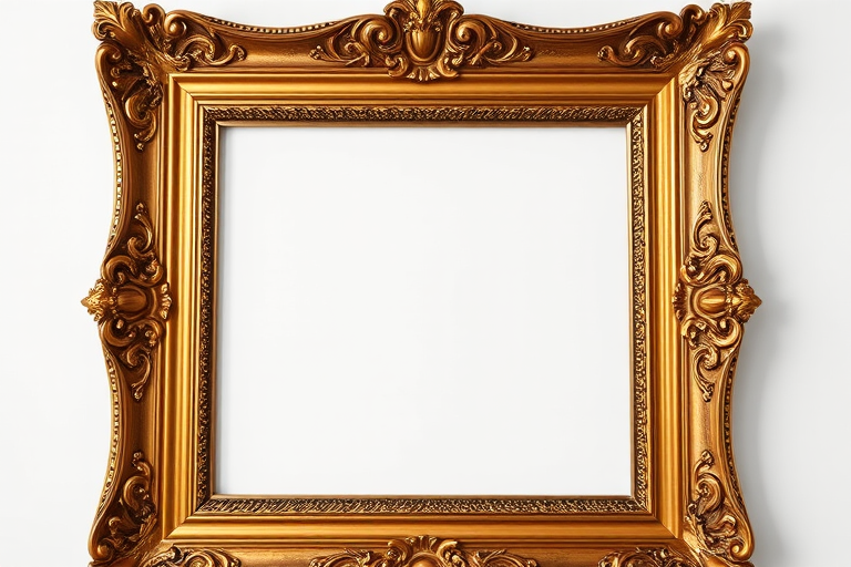 Create an elegant, ornate picture frame with multiple layers and a golden finish, shot with a Canon EOS 5D Mark IV, 50mm lens, f/2.8 aperture, ISO 100, in soft natural light with a shallow depth of field.
