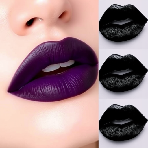 Ombre lips fading from deep purple to black, named "Midnight Mystic," showcase a mysterious, gothic-inspired gradient and velvety matte finish