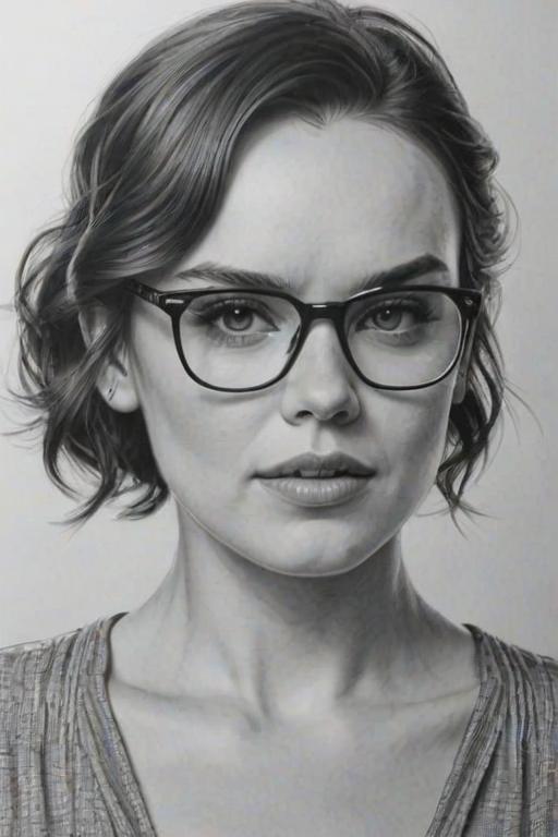 Ravishing Daisy Ridley, pencil sketch, portrait of Pleasing woman 1925s in glasses, hair style beatnik, outline, clear lines, fine lines, 8k