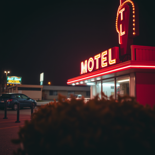 Capture a nighttime scene of a vintage motel with neon lights, featuring a detailed foreground and background, using a DSLR camera with a 24mm lens, aperture f/2.8, ISO 800, and a long exposure of 2 seconds for enhanced vibrancy and clarity.