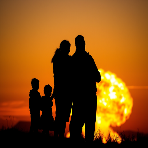 Create an image of a family of four silhouetted against a fiery explosion, capturing a moment of unity, with a wide angle lens, f/8 aperture for depth of field, ISO 100 for clarity, using a DSLR camera with a sunset background to enhance color contrast.