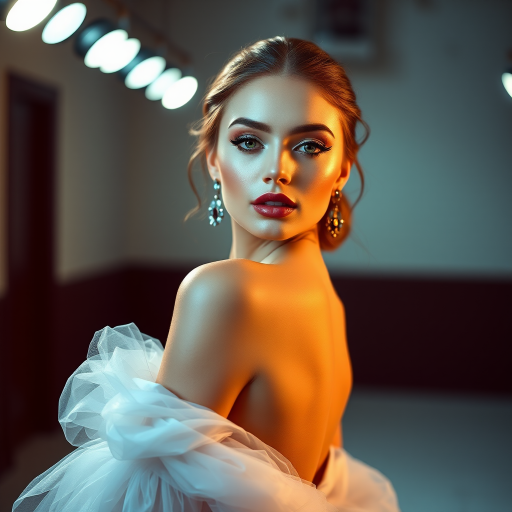 Studio portrait, female model, elegant couture dress, bold makeup, dramatic lighting, Utilize a 50mm portrait lens for crisp details and a soft background blur, 8k