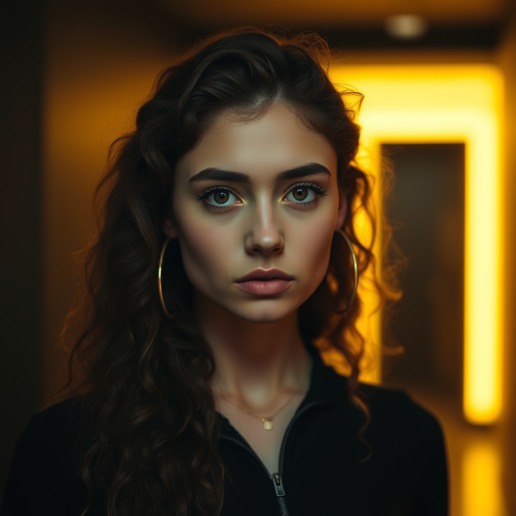 A young woman with long, curly brown hair is looking directly at the viewer. She is wearing a black top with a zipper down the front. The setting is a dimly lit interior space, with a warm, golden light emanating from the background. Her expression is neutral, with a hint of seriousness. The image is a close-up portrait with a shallow depth of field, focusing on the woman's face and torso. The background is blurred, creating a soft and intimate atmosphere.  She is wearing large gold hoop earrings, and a small gold chain is visible around her neck.  Her makeup is natural and simple, highlighting her brown eyes. The lighting creates subtle shadows that accentuate her features.  Her skin is smooth and glows in the soft light. The composition is balanced, with the woman's face positioned in the center of the frame.  The image is focused on capturing her beauty and confidence.
