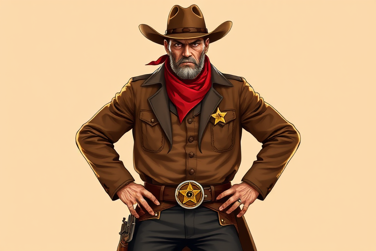 create a highly detailed illustration of a rugged cowboy sheriff with a brown long coat, red bandana, sheriff star, and holstered revolver, standing confidently with hands on hips, utilize a DSLR camera with a 50mm lens, f/2.8 aperture, ISO 100, and a shallow depth of field, focus on capturing vibrant colors and sharp details in a bright studio setting
