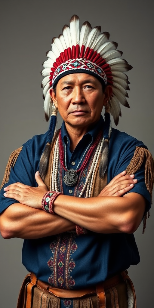 Create a dignified portrait of a Native American man dressed in traditional attire. He wears a beautifully crafted headdress adorned with white feathers and red beads, along with a beaded headband featuring intricate patterns. His clothing includes a deep blue, patterned shirt and a traditional chest piece with detailed beadwork. His arms are crossed, displaying leather armbands decorated with feathers. The background is simple and neutral, emphasizing his proud and stoic expression. The overall image captures the rich cultural heritage and strength of his persona.