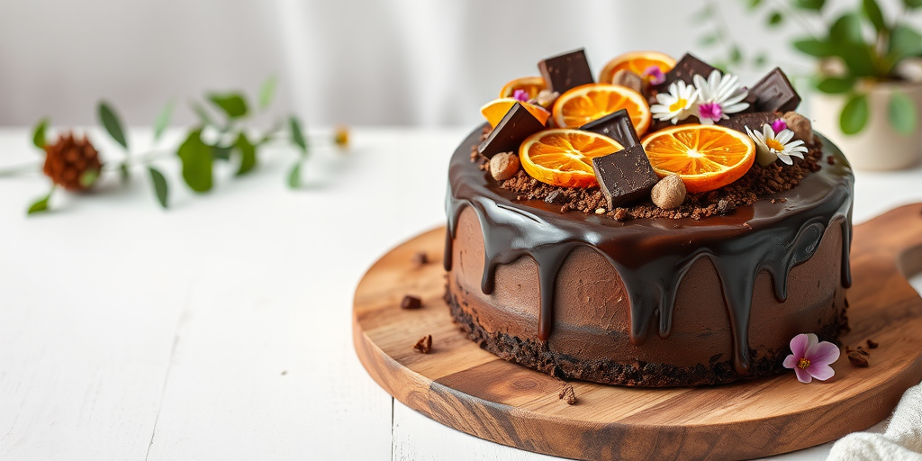 A beautifully decorated chocolate cake topped with dried orange slices dark chocolate pieces and edible flowers placed on a wooden board with a soft white background and a hint of greenery in the scene.
