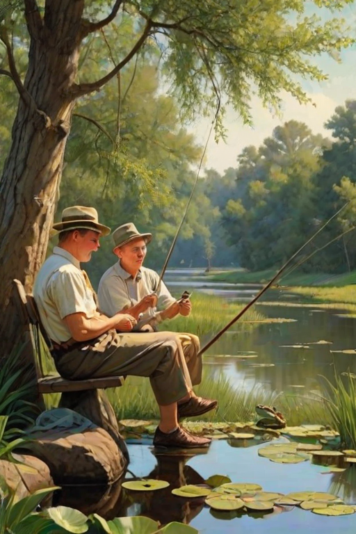 Imagine a small group of old fashioned young boys out fishing by the creek, a swing hanging from a tree branch, reeds and grasses by the water's edge, a frog sitting on a lily pad, dragonflies hovering over som water plans, a very iconic old fashioned scene reminiscent of a Norman Rockwell painting style