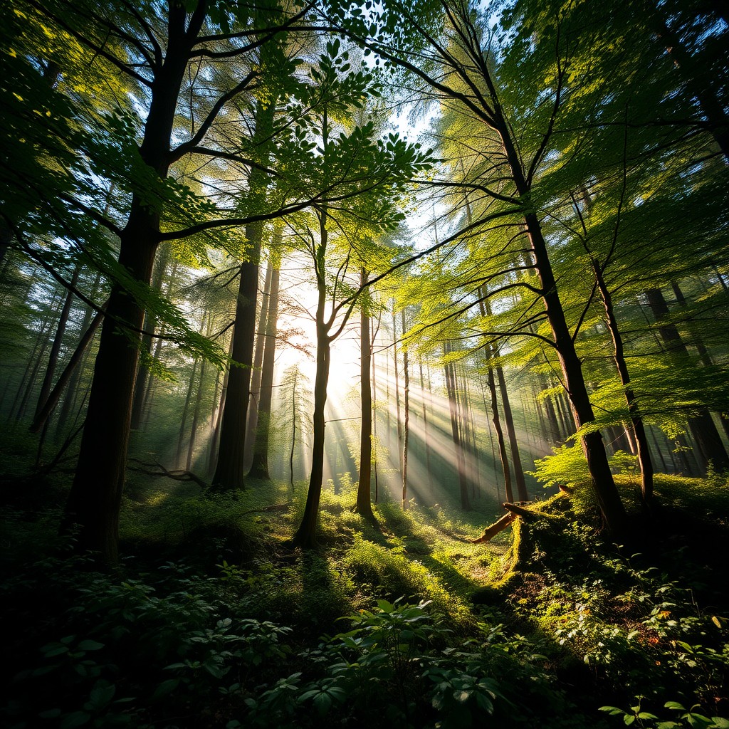 Create a high-resolution image of a mystical forest with vibrant greenery, soft sunlight filtering through the trees, using a Canon EOS R5, 24mm lens, aperture f/2.8, ISO 200, in a wide-angle view with a shallow depth of field.