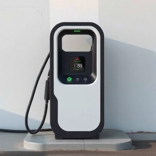 Generate a high-resolution image of an electric vehicle charging station against a simple background, using a Canon EOS R5 with a 50mm f/1.8 lens, aperture at f/4, ISO 100, and a soft natural light setup to enhance clarity and detail.