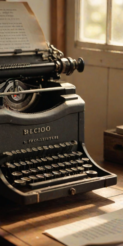 Sharp, detailed image of a vintage typewriter on a wooden desk, soft sunlight streaming through a nearby window, a half-written page of text in the machine, the smell of old paper and ink filling the air, a sense of nostalgia and creativity captured.