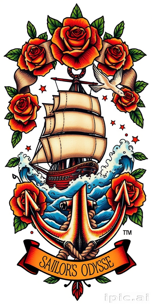 Bold traditional American tattoo named "Sailor's Odyssey" featuring vibrant primary colors and thick black outlines depicting a classic nautical scene with a ship battling stormy seas, an anchor wrapped in rope, and a swallow in flight, all framed by traditional rose and banner elements, creating a timeless and eye-catching design that pays homage to the rich history of tattoo art