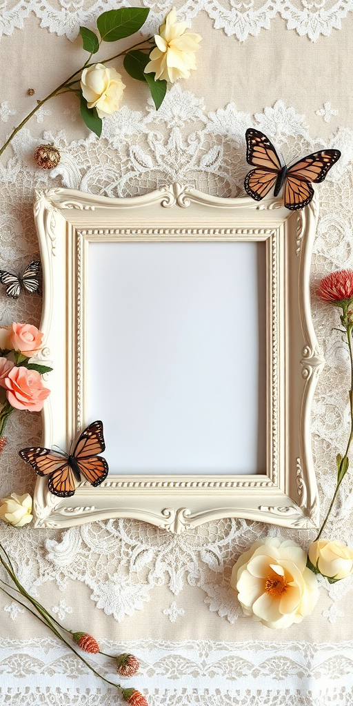 Create a decorative frame composition with two empty picture frames surrounded by delicate lace, butterflies, and floral elements, using a Canon EOS R5 camera, 50mm lens, f/2.8 aperture, ISO 100, natural light, shooting at eye level to enhance image quality.