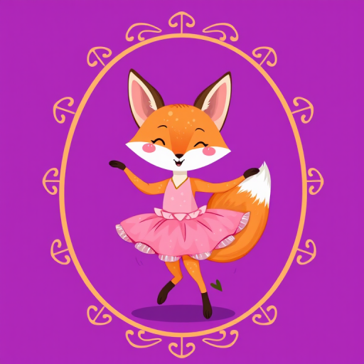 Create a whimsical illustration of a cartoon fox wearing a pink tutu, dancing happily against a vibrant purple background with a decorative oval frame, using a Canon EOS R5 with a 50mm lens, f/2.8 aperture, 1/200s shutter speed, and ISO 100 for high detail and vibrant colors.