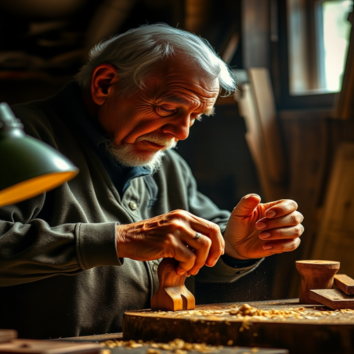 Warmly lit image of an elderly man carving a wooden figure in a dimly lit workshop, soft glow from a nearby lamp casting shadows on his weathered hands, the smell of sawdust filling the air.