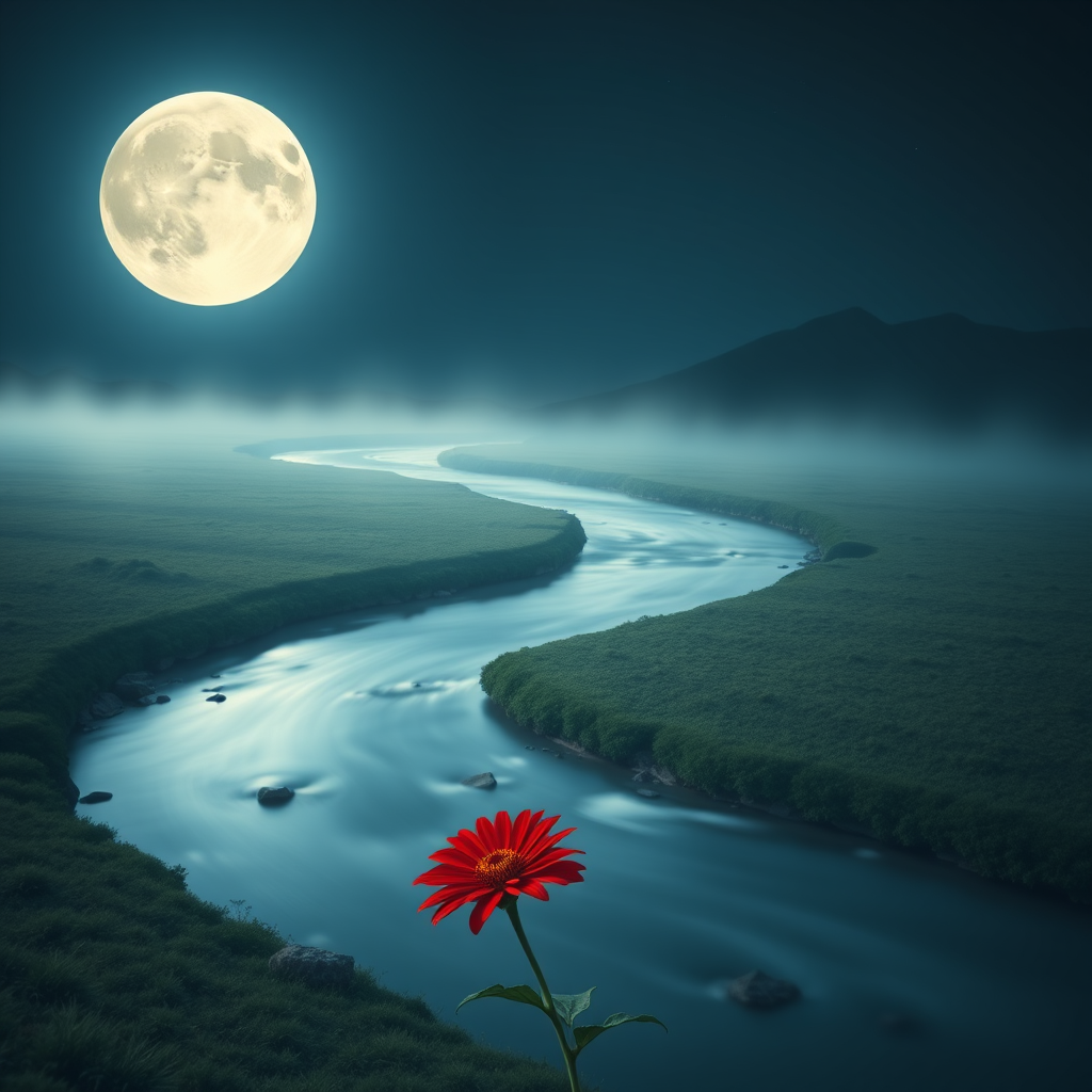 Create an ethereal landscape featuring a large glowing moon above a winding river leading to a single red flower, with soft lighting and high contrast, shot with a DSLR camera using a 50mm lens, aperture f/1.8, ISO 100, and a long exposure setting for enhanced clarity and depth.