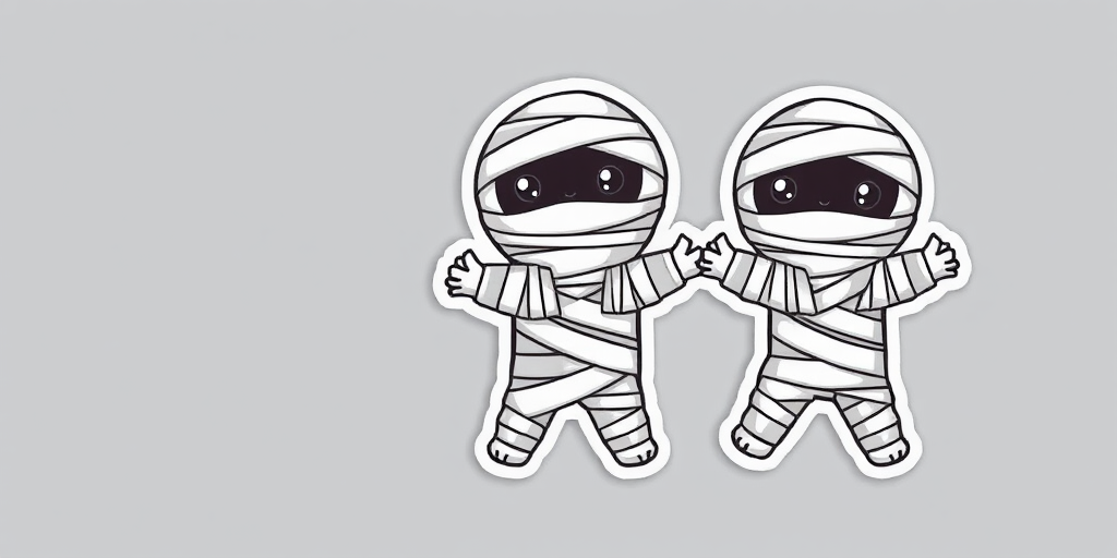 create a kawaii Mummy wrappings sticker, 3d digital art, grey background, sticker line weight