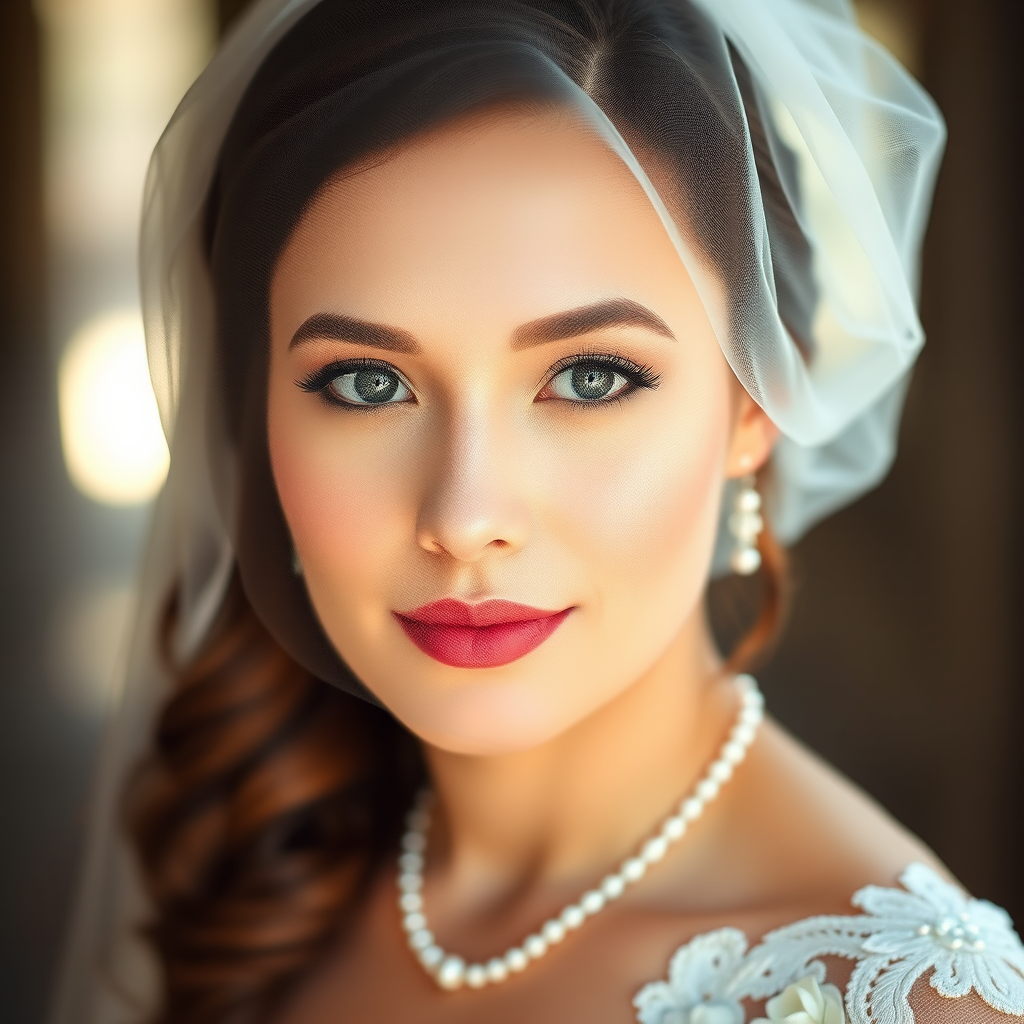 portrait of a bride with soft natural lighting, focus on her face wearing a delicate veil adorned with beads, shallow depth of field, camera settings: f/1.8, ISO 100, shutter speed 1/200s, 85mm lens, taken with a DSLR camera, using a soft focus style for a dreamy effect