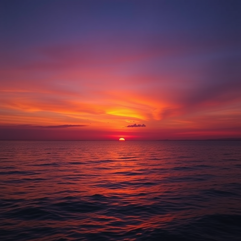 capture a tranquil sunset over calm water with vibrant orange and purple hues illuminating the sky, using a DSLR camera with a 50mm lens, aperture f/8, ISO 100, shutter speed 1/200 sec, and a wide-angle view for enhanced depth and detail