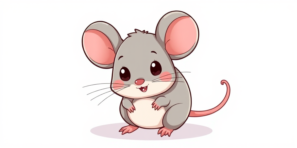Create a cute cartoon illustration of a mouse with a round body and large ears, using a digital drawing style, 300 DPI resolution, top-down view, soft lighting, and pastel colors.