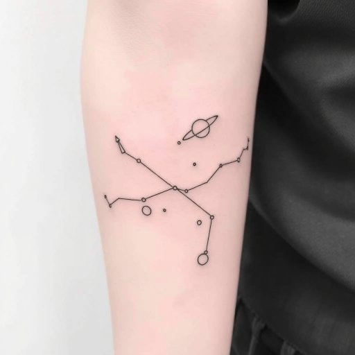 Minimalist single-line tattoo dubbed "Cosmic Connection" portraying constellations and celestial bodies linked by a continuous flowing line in subtle white ink