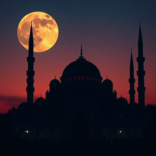 Create a silhouette of a majestic mosque at twilight with a large moon in the background, featuring a person standing in the foreground; use a DSLR camera with a 50mm lens, aperture f/1.8, ISO 100, and a sunset/silhouette style for enhanced color contrast and details.