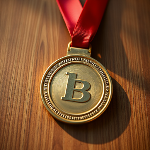 Create an image of a gold medal with a red ribbon, captured with a DSLR camera at 50mm focal length, f/1.8 aperture, ISO 100, shot from a top-down view with soft natural lighting to enhance details and textures.