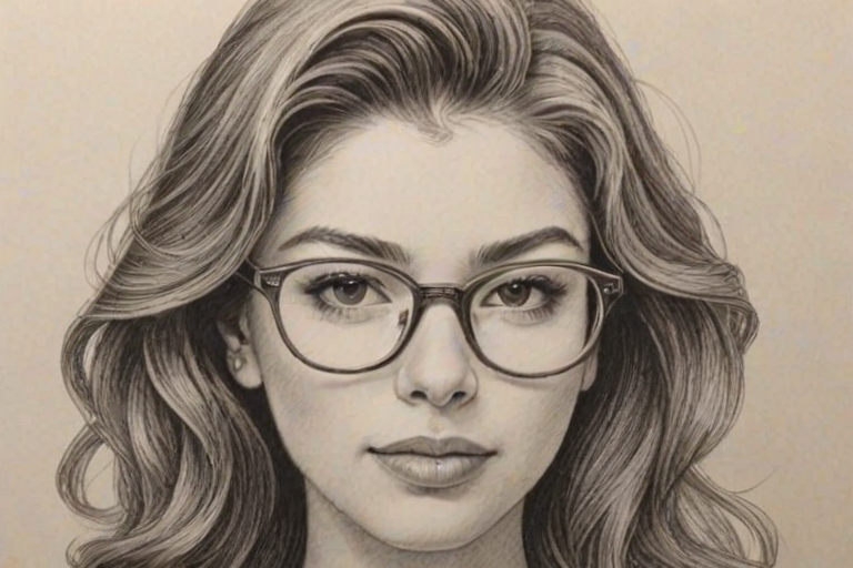 Alluring Kira Kosarin, pencil sketch, portrait of Splendid woman 1976s in glasses, hair style beatnik, outline, clear lines, fine lines, 8k