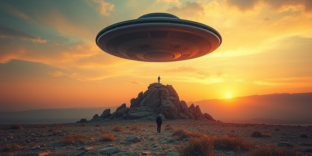 Create a surreal landscape featuring a large UFO hovering above a rocky outcrop at sunset, with a solitary figure standing beneath it, using a DSLR camera, f/5.6 aperture, ISO 100, 24mm lens, shot from a low angle to emphasize the scale and depth with vibrant colors and dramatic lighting.
