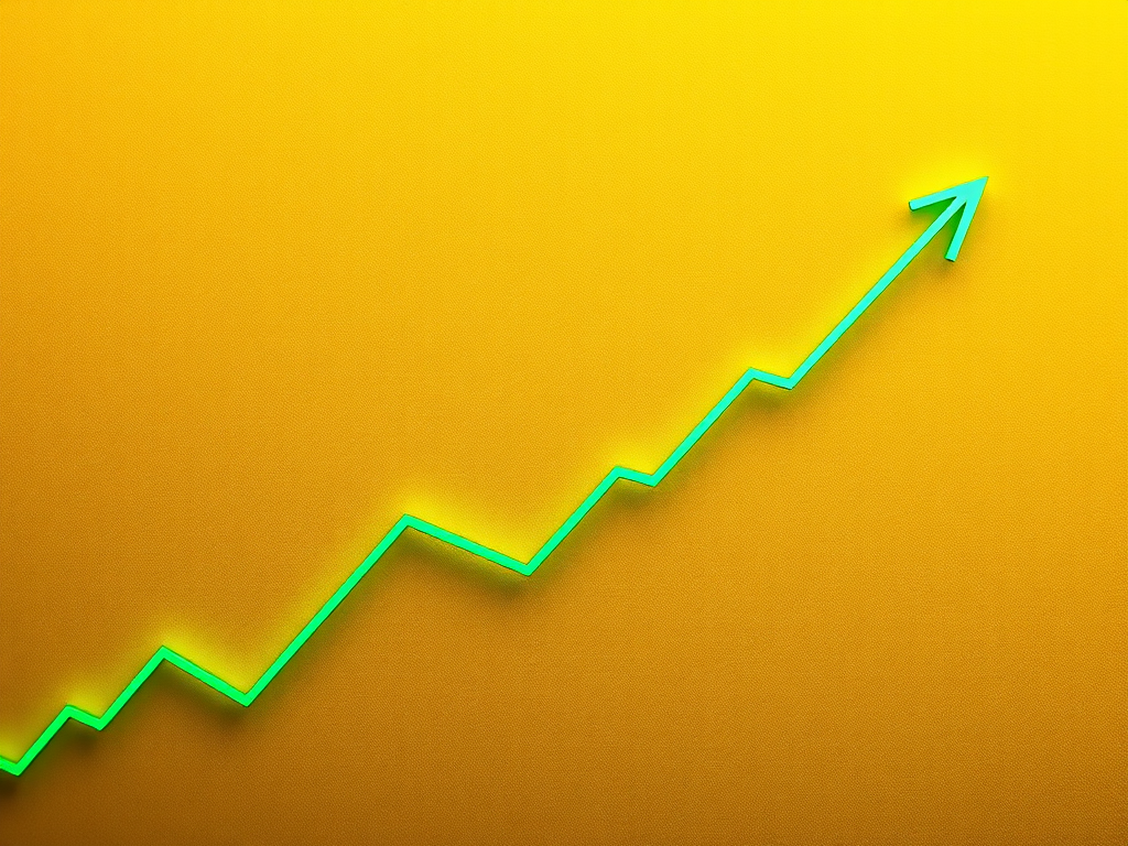 Generate a high-resolution image of an upward trending graph with green lines on a golden background, use a Canon EOS R5 camera with a 50mm lens, aperture f/2.8, ISO 100, and a top-down view for depth.
