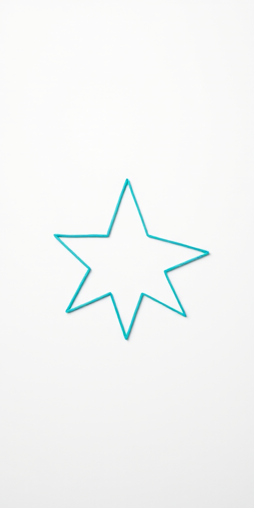 Create a vibrant turquoise star shape on a plain white background, captured with a DSLR camera at f/2.8 aperture, ISO 100, 50mm lens, top-down view, using soft diffused lighting for smooth shadows and enhanced color contrast.