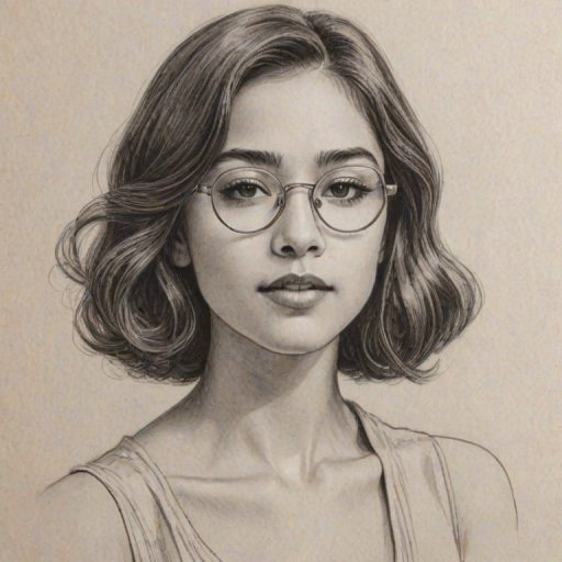 Enchanting Seychelle Gabriel, pencil sketch, portrait of Graceful woman 1927s in glasses, hair style beatnik, outline, clear lines, fine lines, 8k