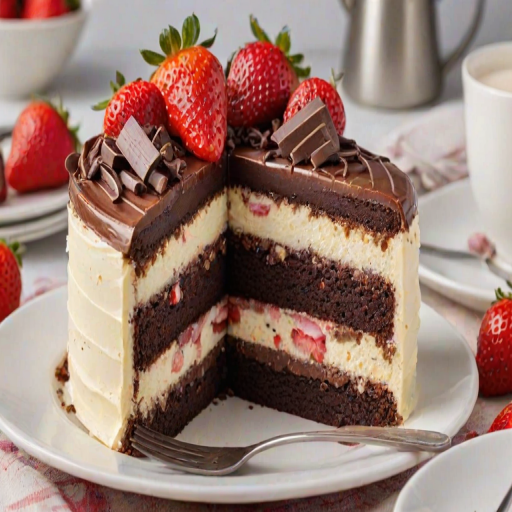 Generate an image of a slice of layered cake featuring distinct sections of chocolate, strawberry, and vanilla flavors. The cake should be presented on a white plate with fresh strawberries and chocolate chips scattered around. Include a fork next to the plate for a complete dessert setting.