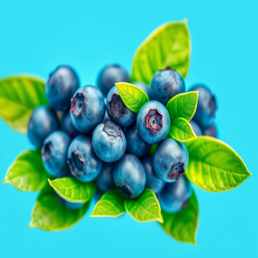 Generate a vibrant watercolor illustration of blueberries with lush green leaves on a bright blue background, using a macro lens at f/4 aperture, 1/60s shutter speed, ISO 200, with a soft focus effect for artistic enhancement.