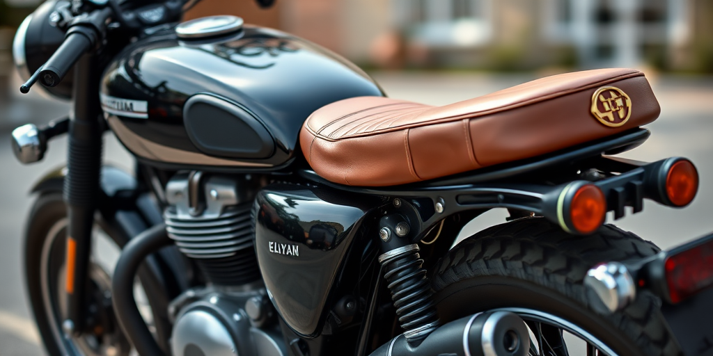 Capture a vintage motorcycle with a sleek black finish and brown leather seat, side view, 50mm lens, f/2.8 aperture, ISO 100, natural lighting, using a DSLR camera for high detail and sharpness.