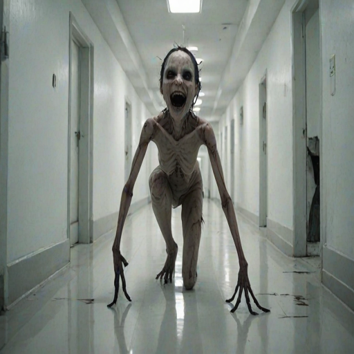 a crooked female with long arms and a creepy smile is crawling along a long white corridor and you can also see cockroaches in it there is a creepy atmosphere creepy art style