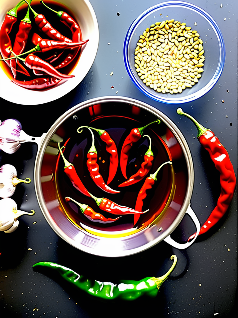 making chilli oil with fresh chillies and garlic
