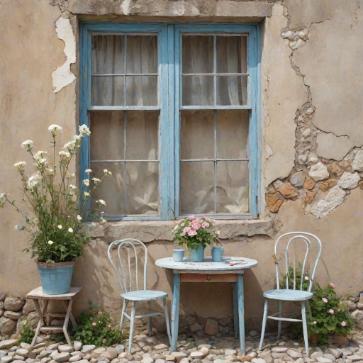 Create an amazing realistic watercolor image, The background is a crumbling wall beige and pale blue with the old wooden window. front of the wall has an old white table with two chairs. The soil is stones. Both of side of the image amazing flowers visible.