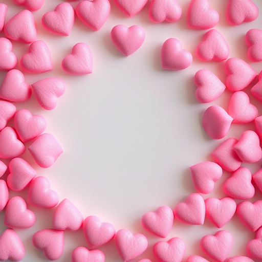 Generate an image of a circular arrangement of pink hearts scattered around a blank center, taken with a macro lens at f/2.8, ISO 100, 1/200 sec, in soft natural light, using a DSLR camera for enhanced image quality.