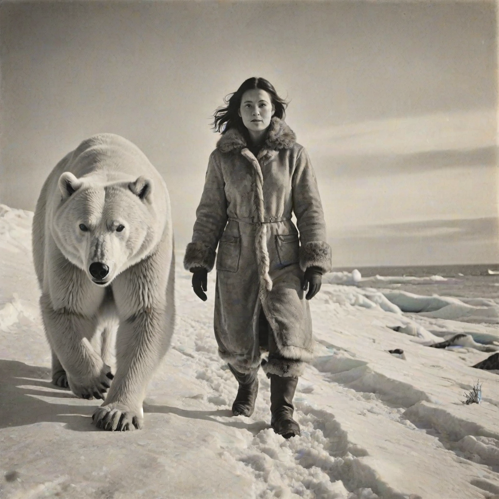 A very old photograph in black and white. The photo is badly damaged, faded, with scratches, tears, smudges and dirt. The photo is ultra-realistic and very detailed. It's a picture of an Arctic warrior. She is walking serenely towards the camera. At her side walks a majestic polar bear. Its fur shines in the sunlight. Snow, ice, sea. wind. snow in the air.