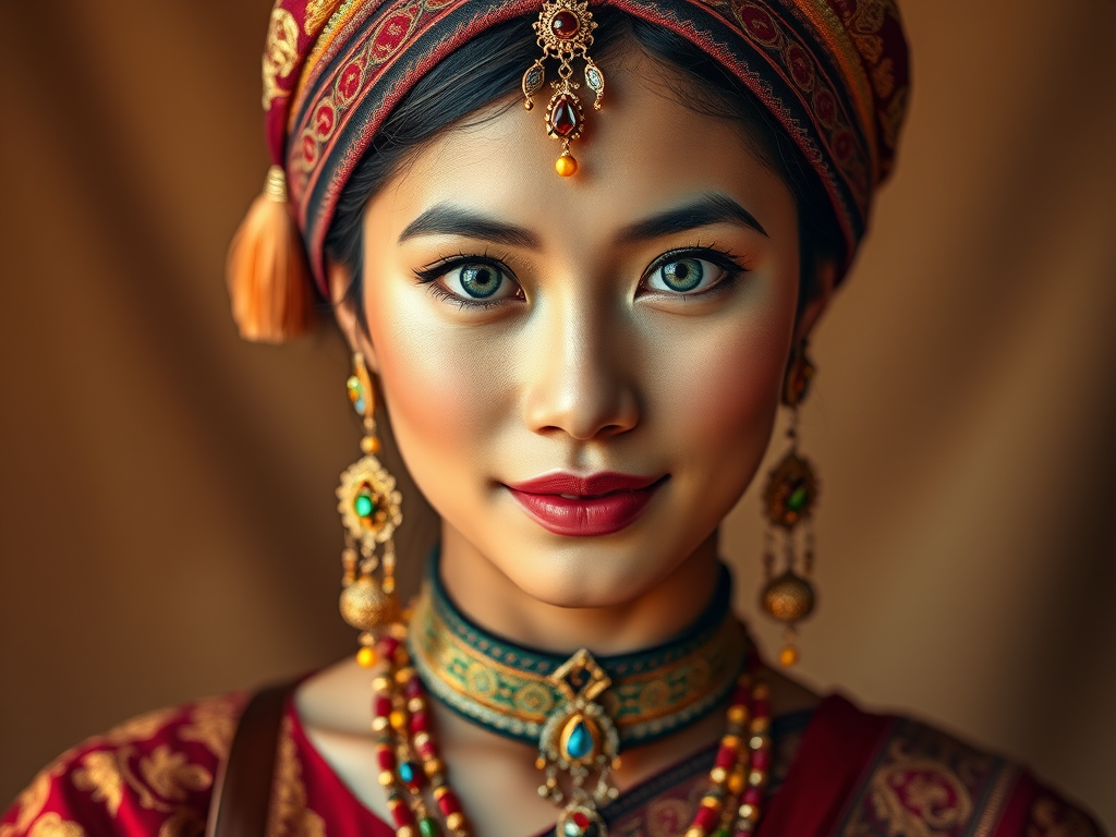 Create a portrait of a beautiful Thai woman with striking blue eyes and a gentle expression. She is adorned in traditional attire with intricate patterns, including a richly embroidered headscarf and matching garments. Her jewelry includes a delicate headpiece, dangling earrings, and ornate bracelets, all featuring vibrant gemstones and detailed metalwork. The background is soft and warm, enhancing the rich colors of her outfit and jewelry.