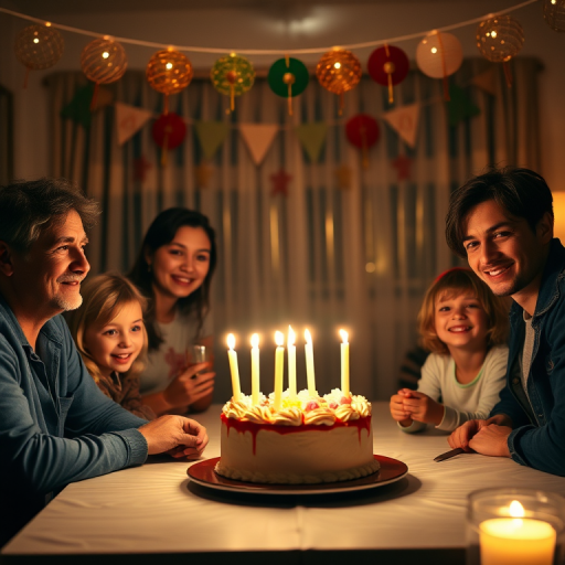 Warmly lit photo of a family gathered around a table for a birthday celebration, soft candlelight illuminating their faces, with a cake in the center and festive decorations hanging in the background.